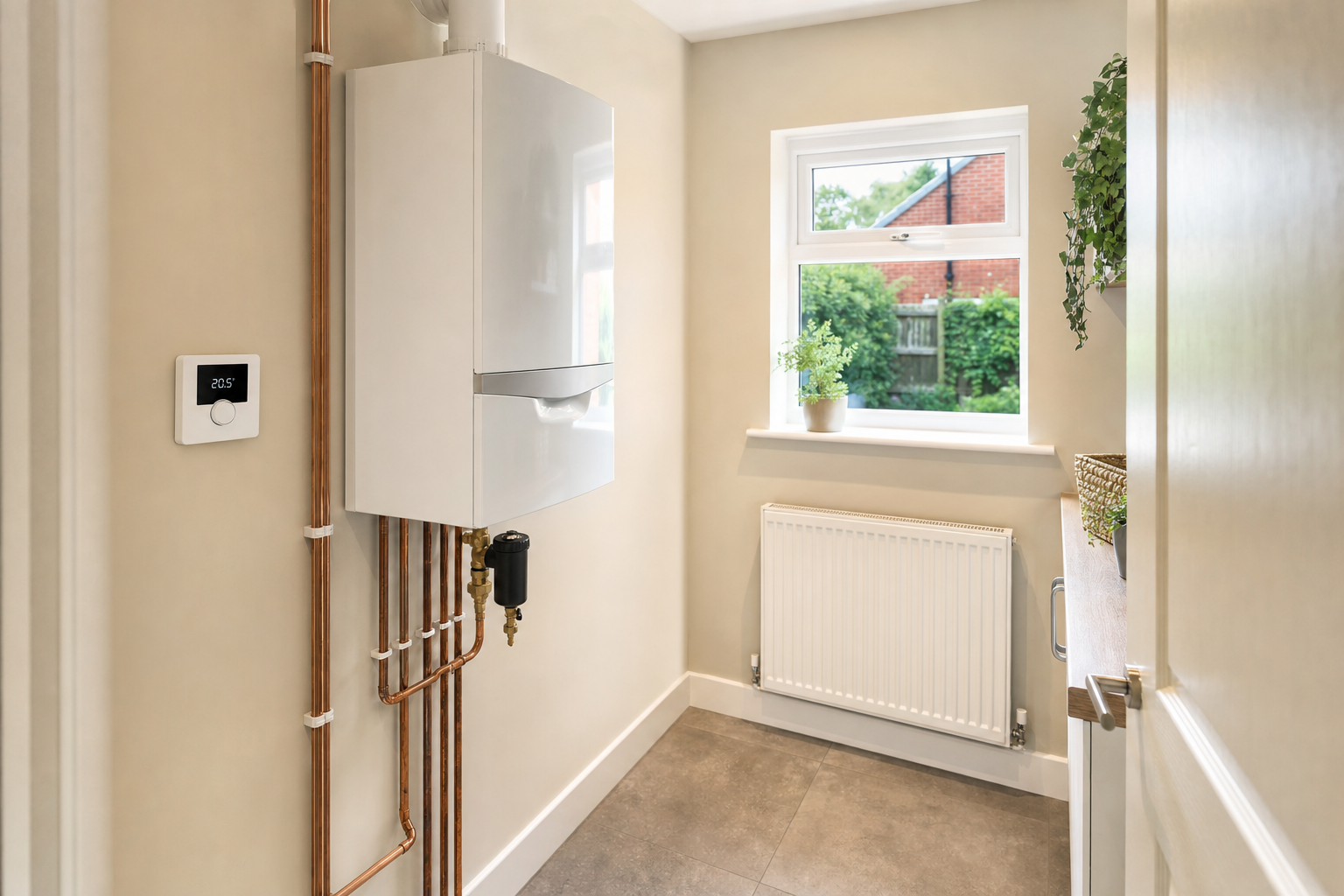 Modern utility room with a white combi boiler, digital thermostat, radiator, and window with greenery.