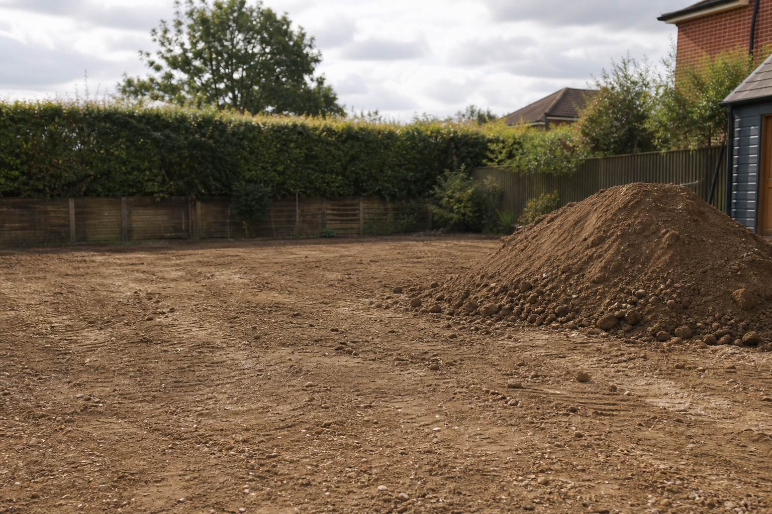 A garden with a large pile of soil, surrounded by a wooden fence and greenery, under a cloudy sky.