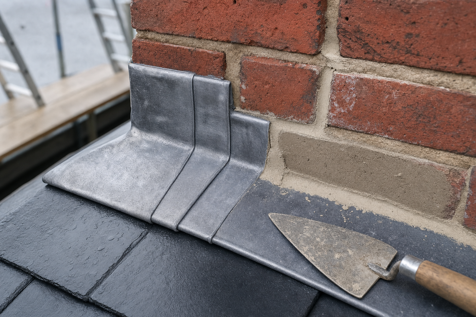 Trowel resting next to newly installed lead flashing against a brick chimney.