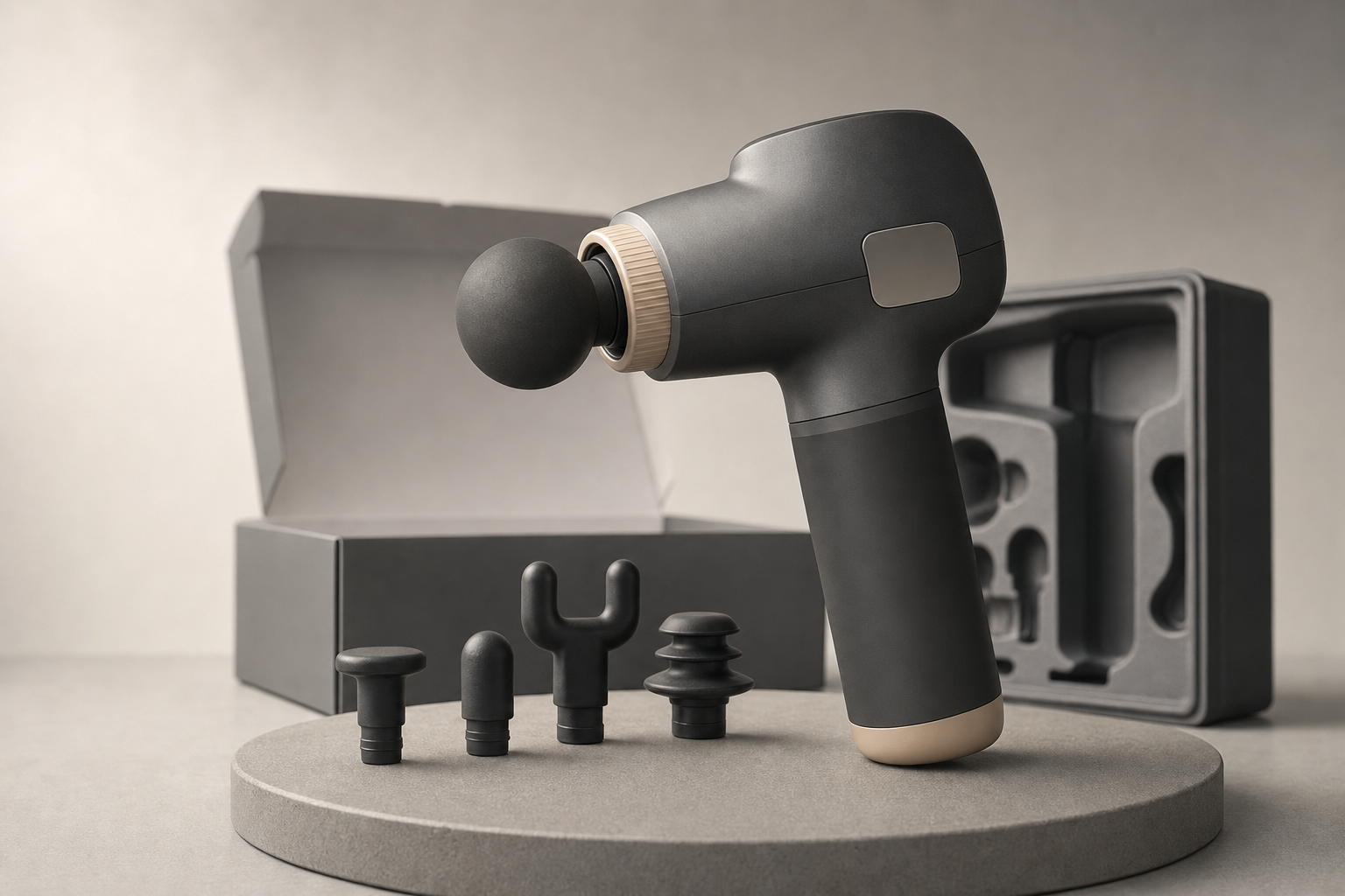 A massage gun with interchangeable heads displayed on a table, alongside its packaging box.