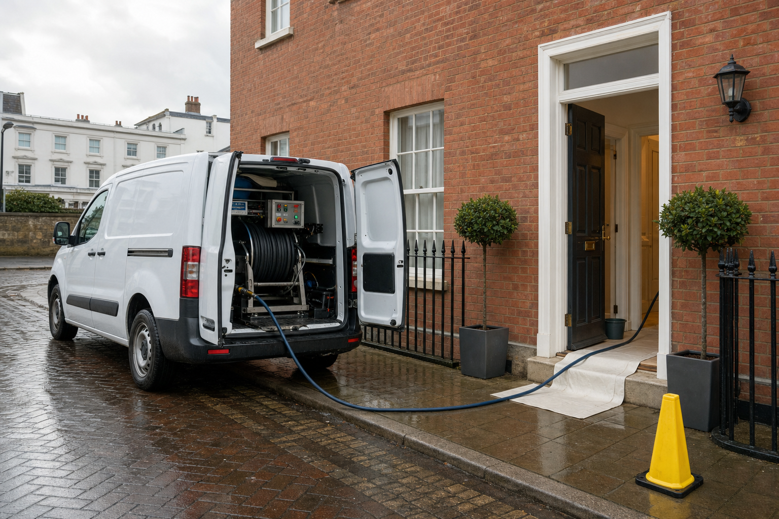 A white van with cleaning equipment parked on a wet street, servicing a house through an open front door.