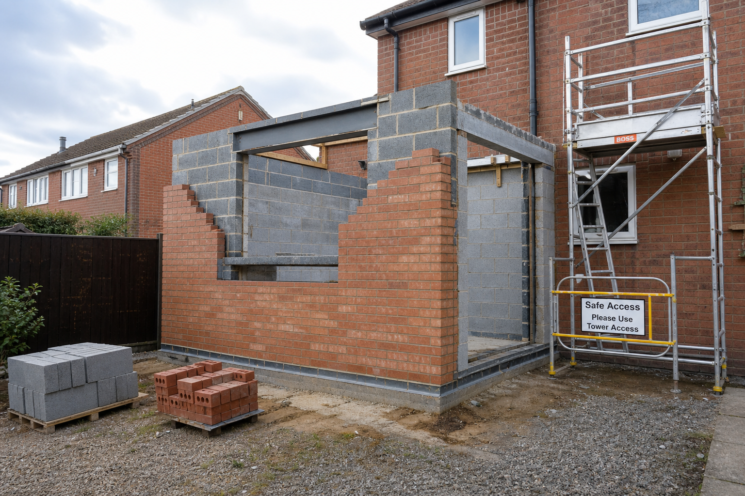 House extension under construction with exposed brick walls and scaffolding for upper access.