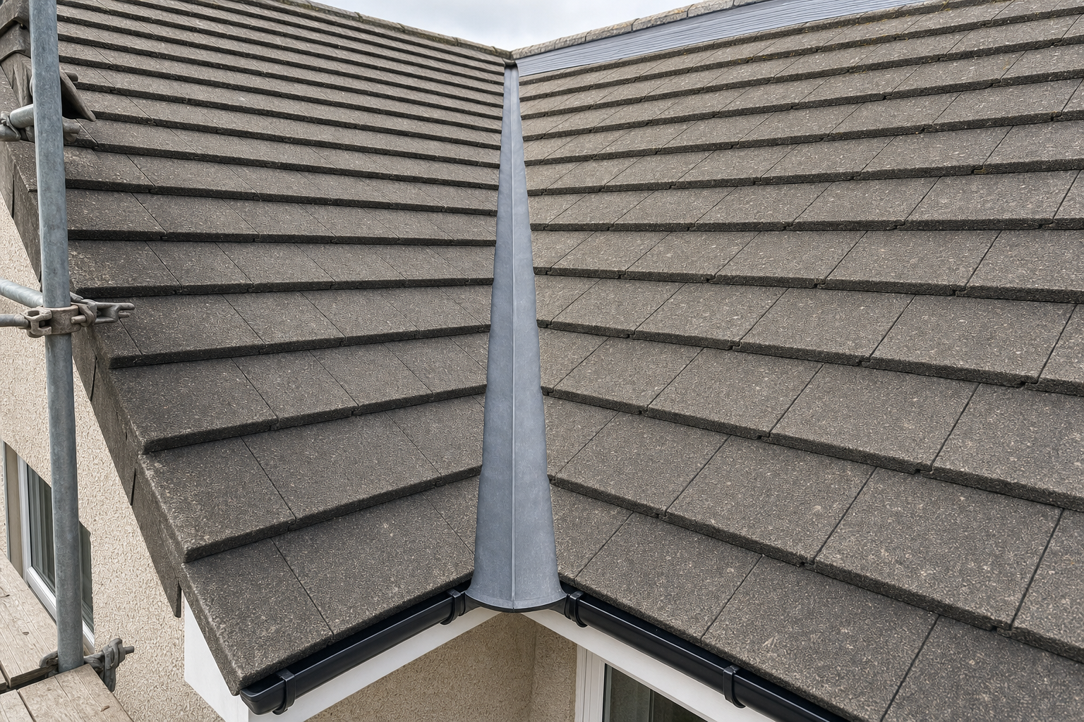A tiled roof with a lead valley detail and scaffolding in the corner, viewed from above.
