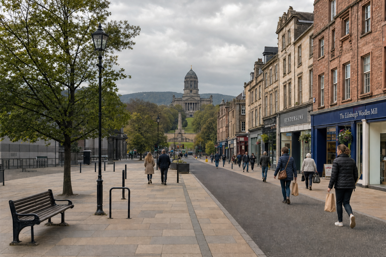 People strolling along a street with shops, leading to a large domed building in the distance.