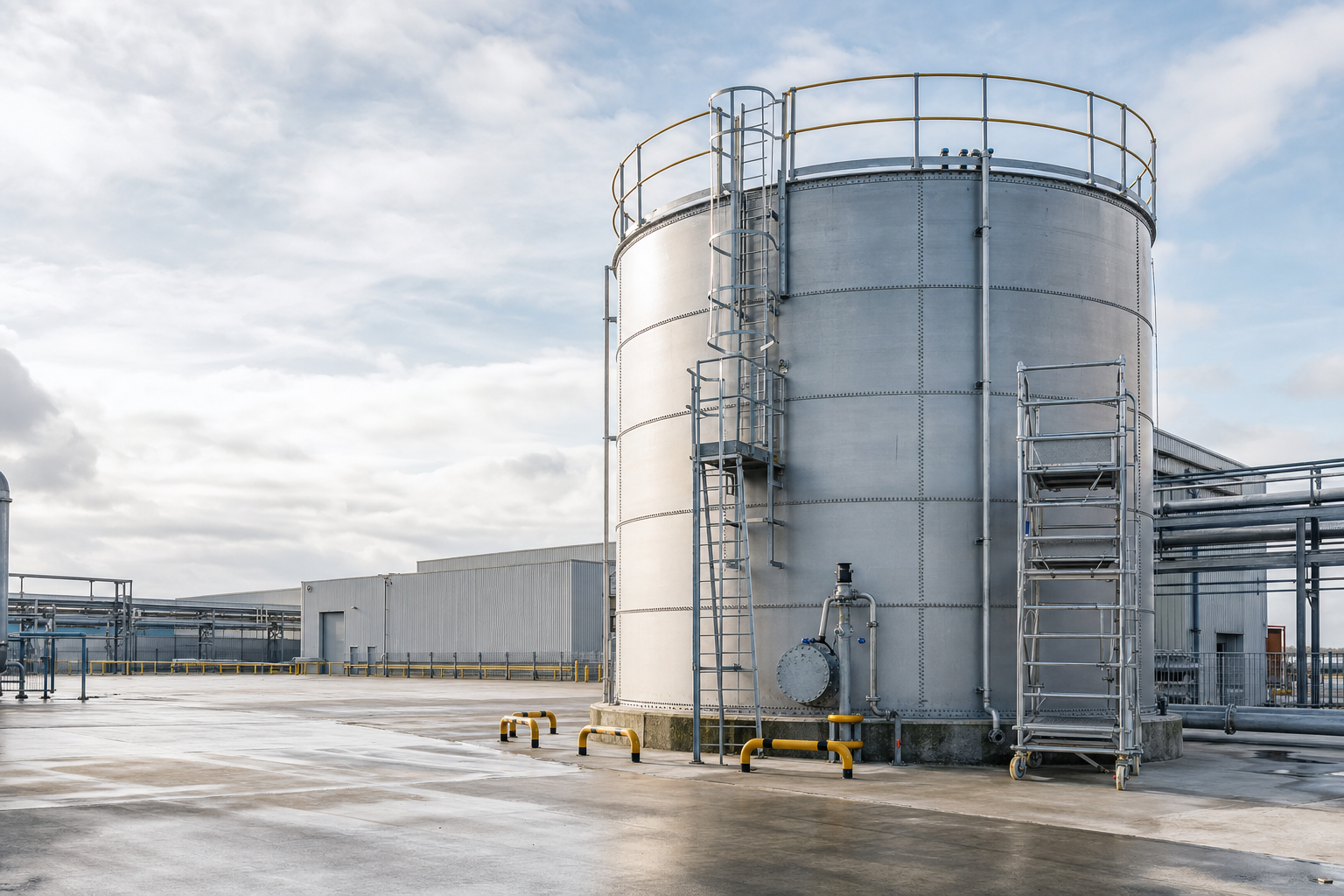 Large industrial storage tank in a factory yard with a cloudy sky in the background.