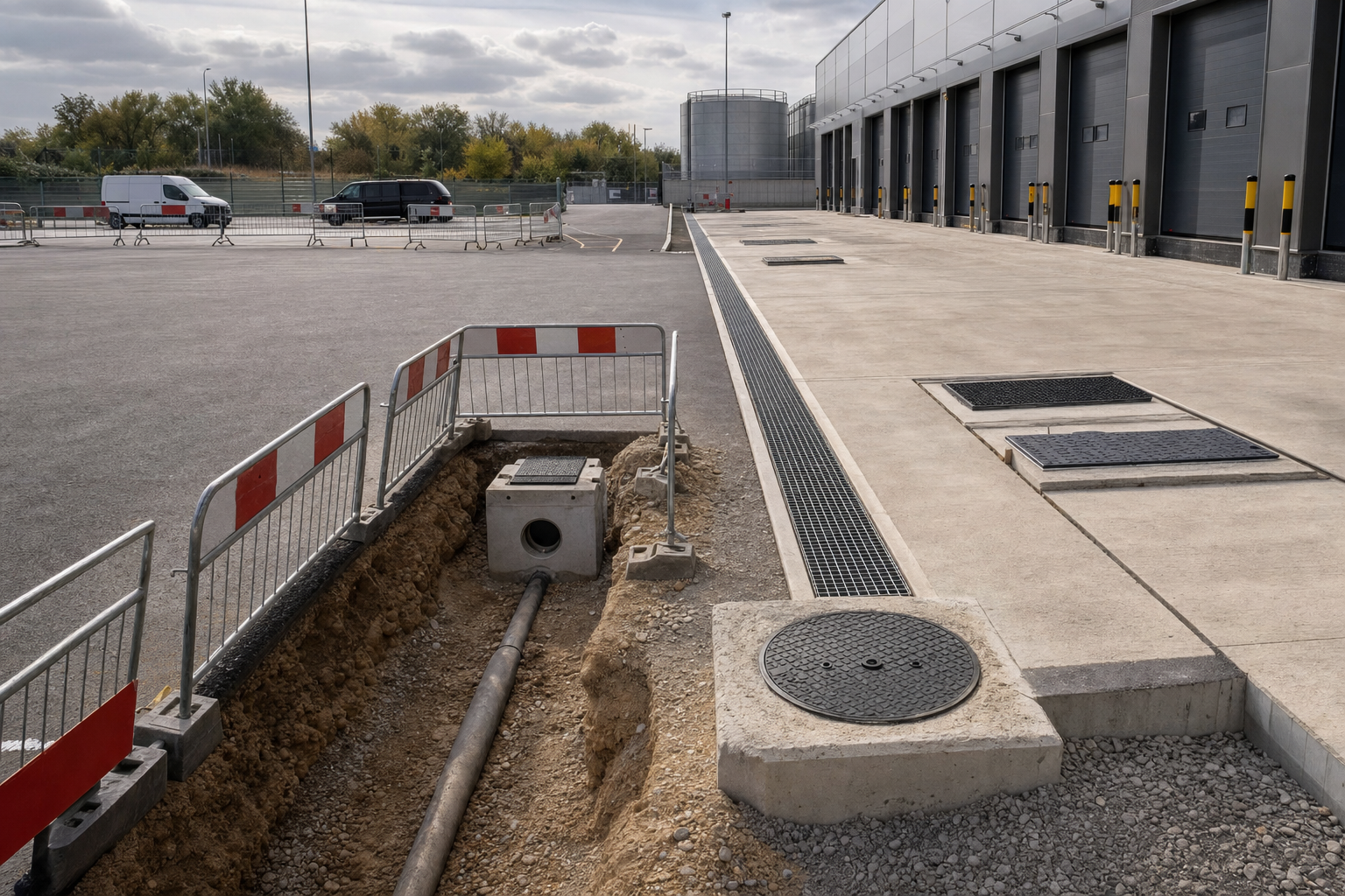 Construction site with exposed drainage pipes and barriers adjacent to a loading bay.