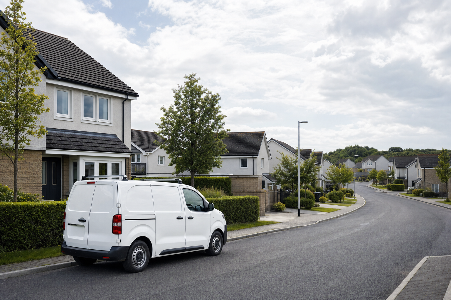 White van parked on a quiet residential street with modern houses and trees.