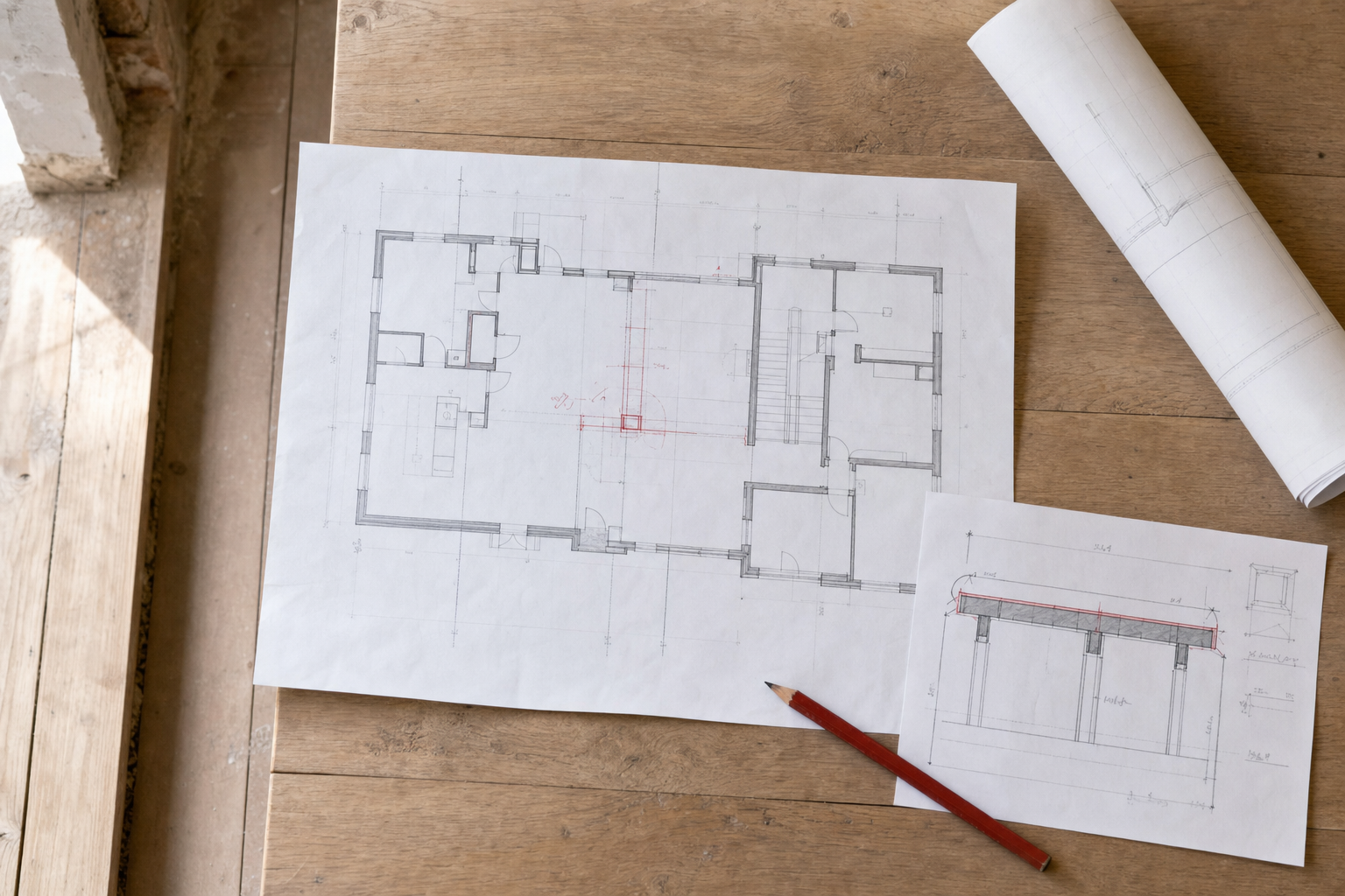 Architectural floor plans and a pencil on a wooden table.