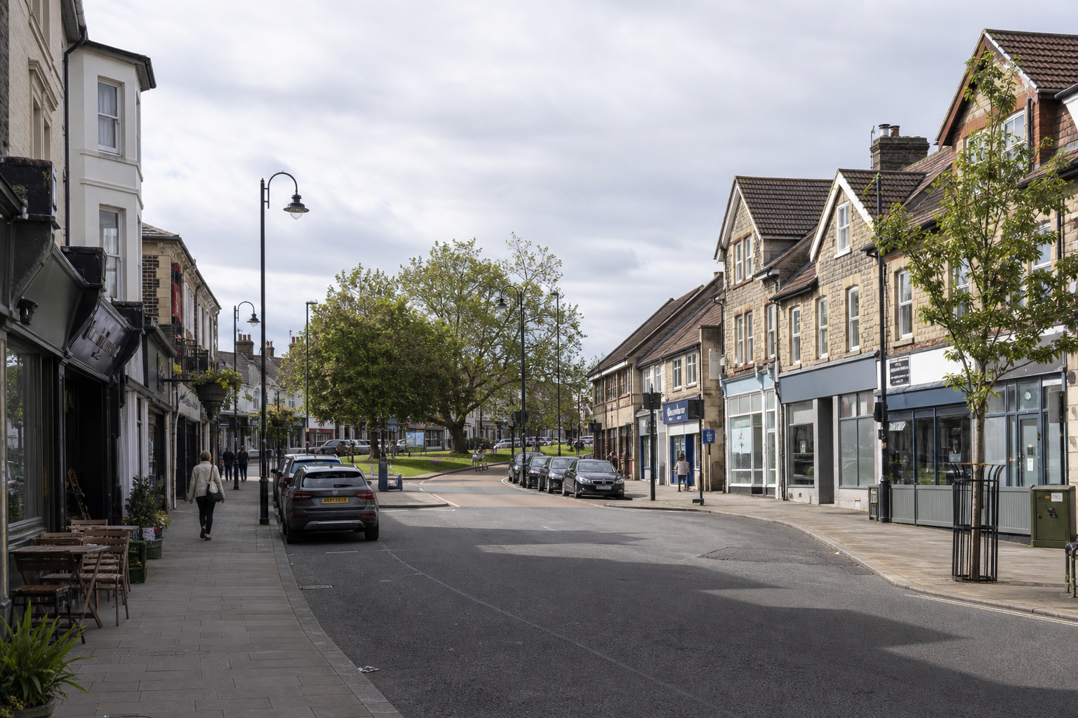 A quaint British high street with parked cars, shops, and a pedestrian walking along the pavement under overcast skies.