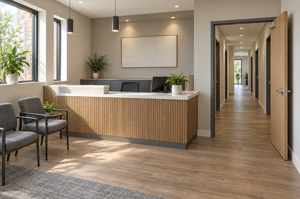 Modern reception area with light wood flooring, a wooden desk, grey chairs, and plants by windows and along a hallway.