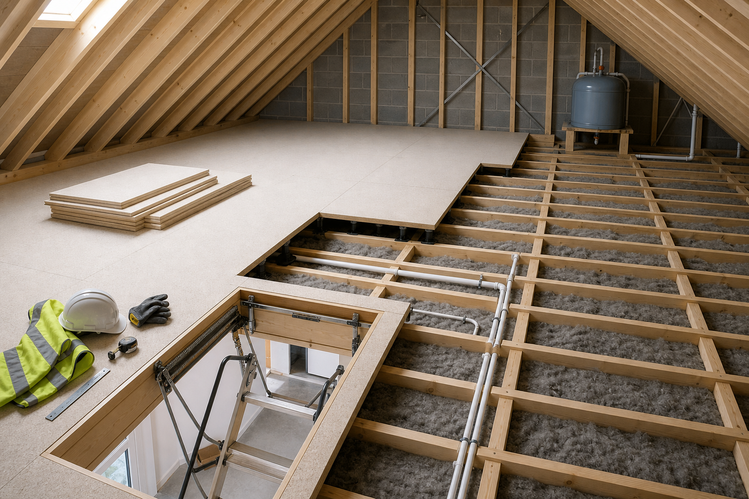 Attic space under construction with visible floorboards, insulation, tools, and a set of ladders leading to a hatch.