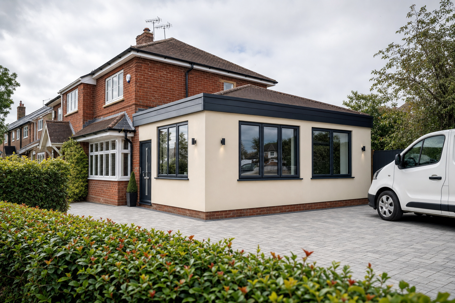 Modern semi-detached house with an extension, driveway, and a parked white van.