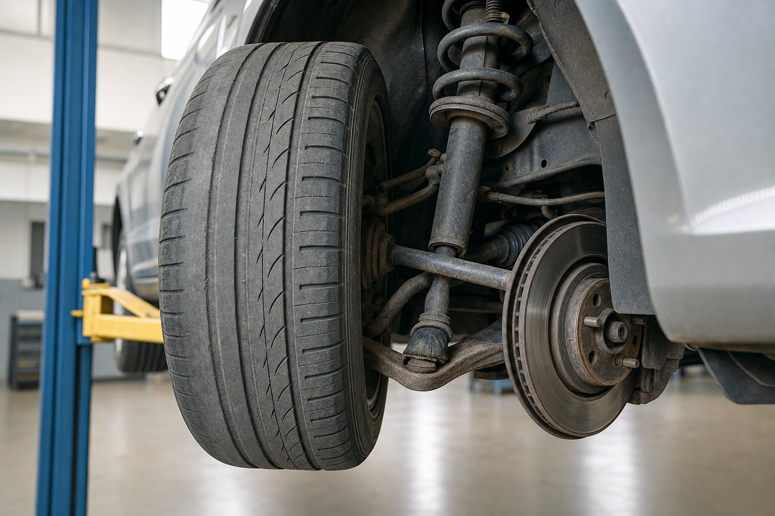 Car's rear suspension and brake system on a hydraulic lift in a garage.