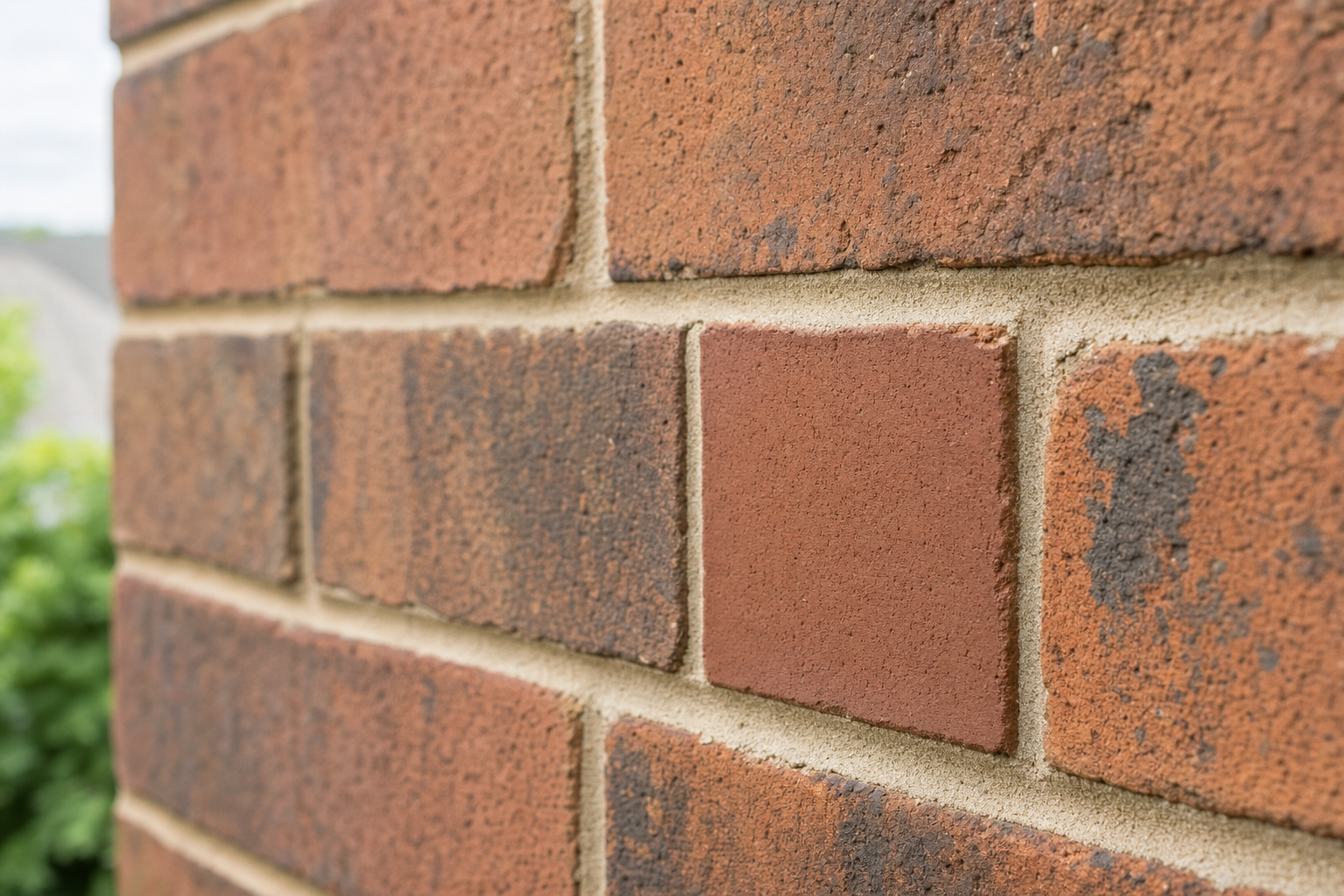 Close-up of a red brick wall with a blurred green landscape in the background.