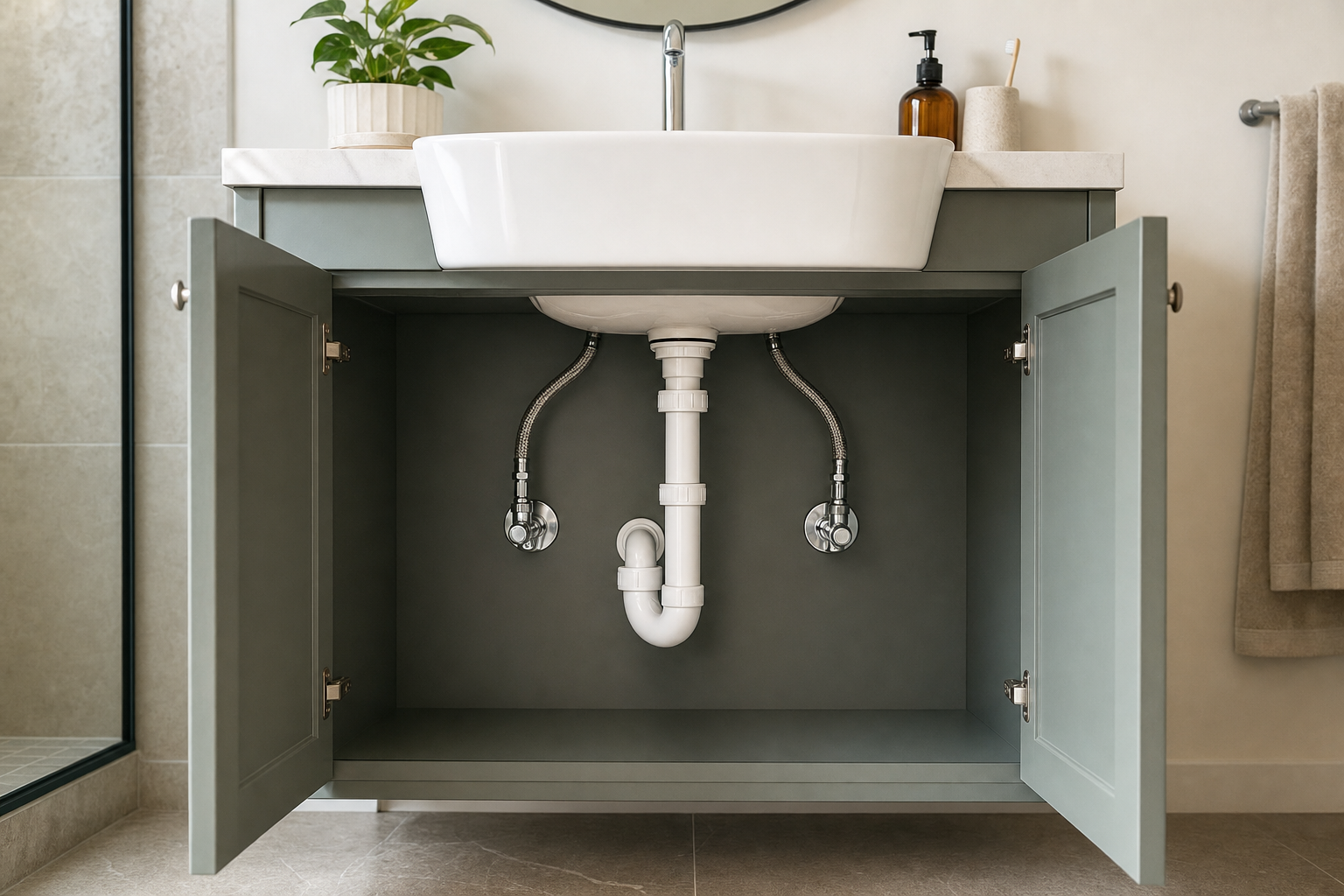 Bathroom sink with an open cabinet door showing plumbing pipes and a small plant on the countertop.