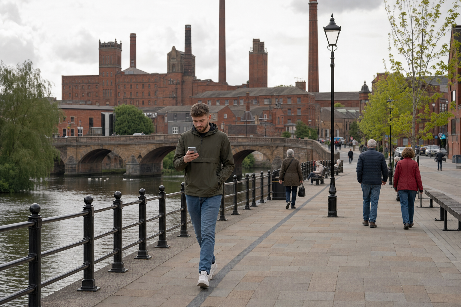 A man walks along a riverside path, checking his phone, with an old industrial building and bridge in the background.
