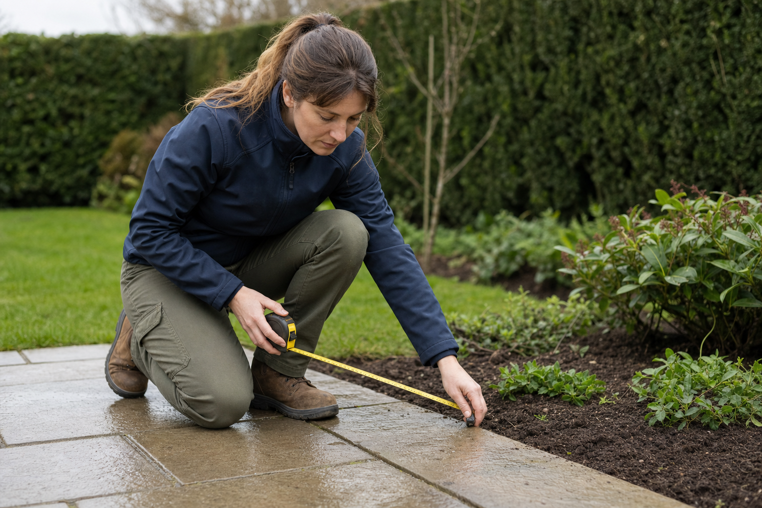 A woman measuring the edge of a garden path with a tape measure on a damp day.