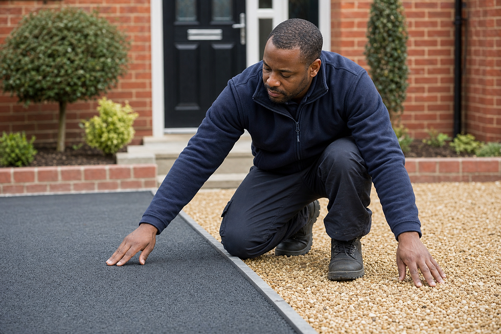 A man examines the junction between a black tarmac surface and a gravel path outside a brick building.