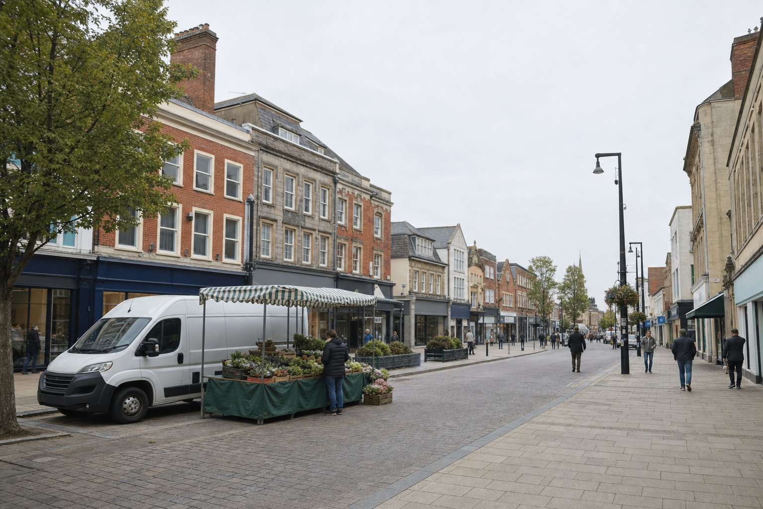 Market stall with plants and a van on a pedestrian street lined with historic buildings.