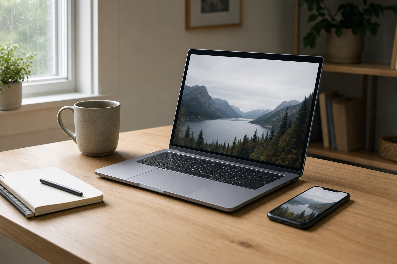 Laptop, smartphone, notebook, and mug on a wooden desk by a window, displaying the same scenic mountain and lake image.