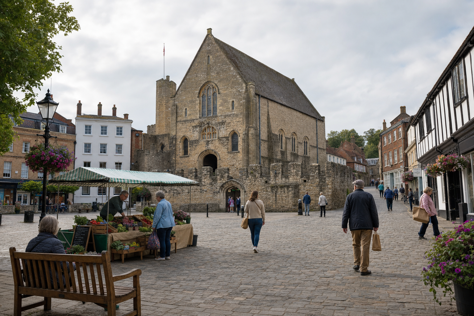 People walk through a historic town square featuring a stone church and a produce market stall.