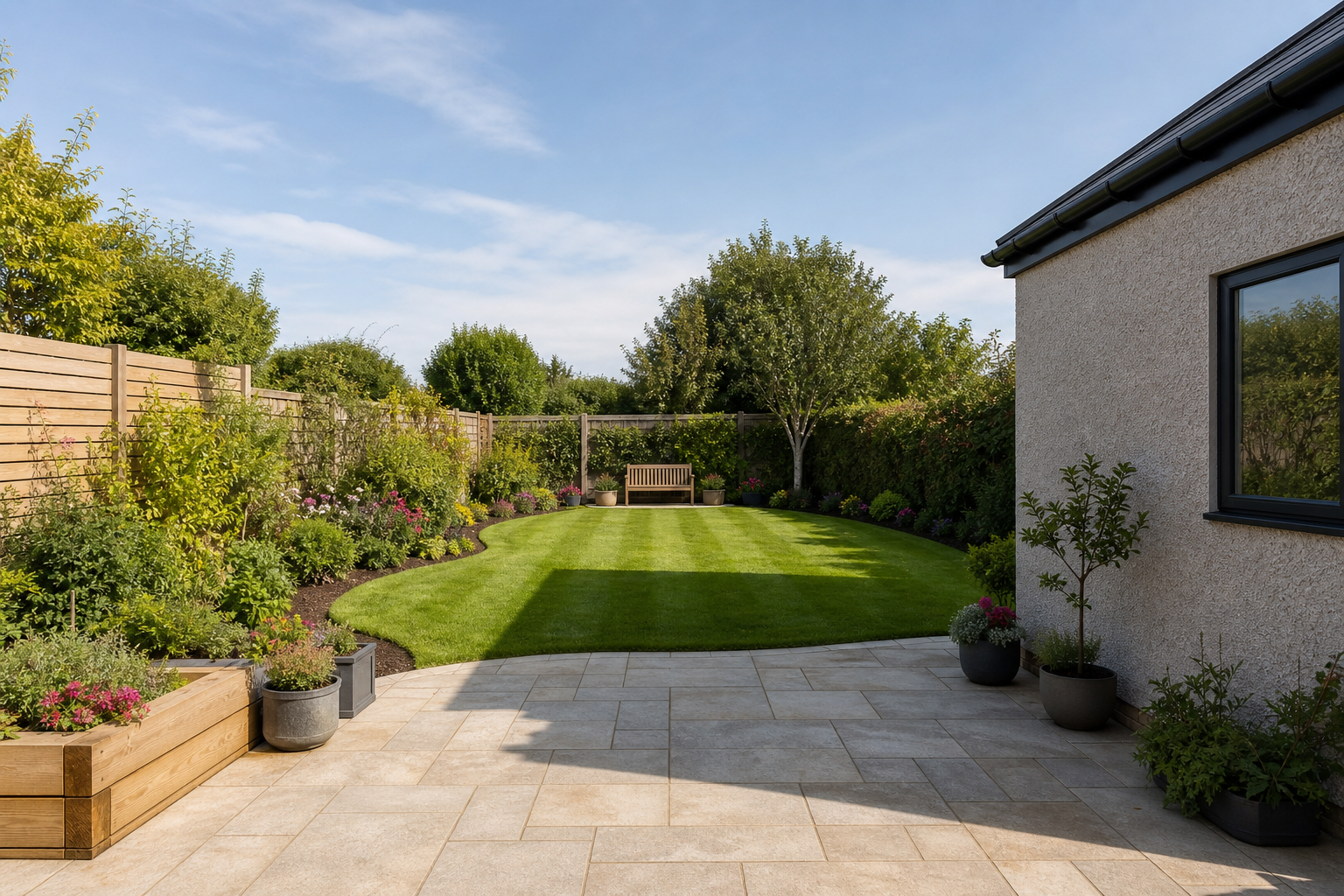 A tidy garden with a manicured lawn, wooden bench, and surrounding flowerbeds under a clear blue sky.