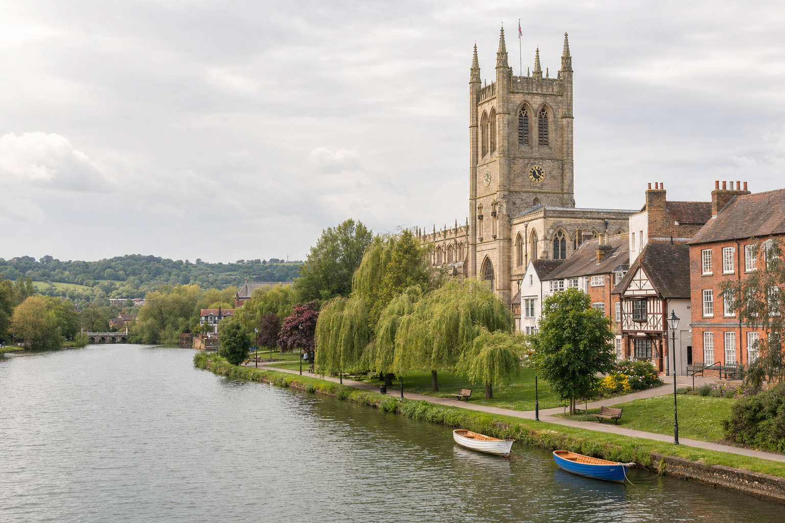 Historic church and riverside buildings with boats moored along the River Avon in a scenic English countryside setting.
