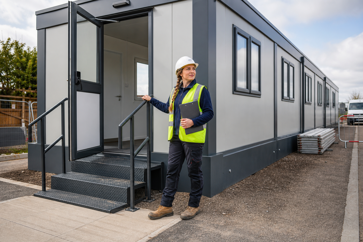 Construction worker in a hard hat and high-visibility vest stands by a modular building holding a clipboard.