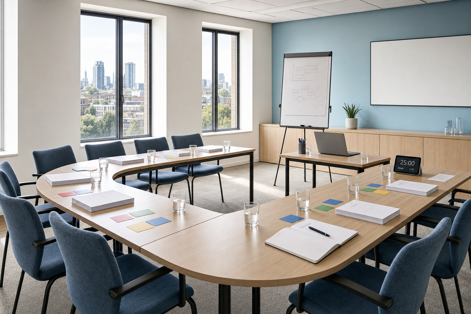 Modern conference room with a U-shaped table, blue chairs, and a view of city skyscrapers through large windows.
