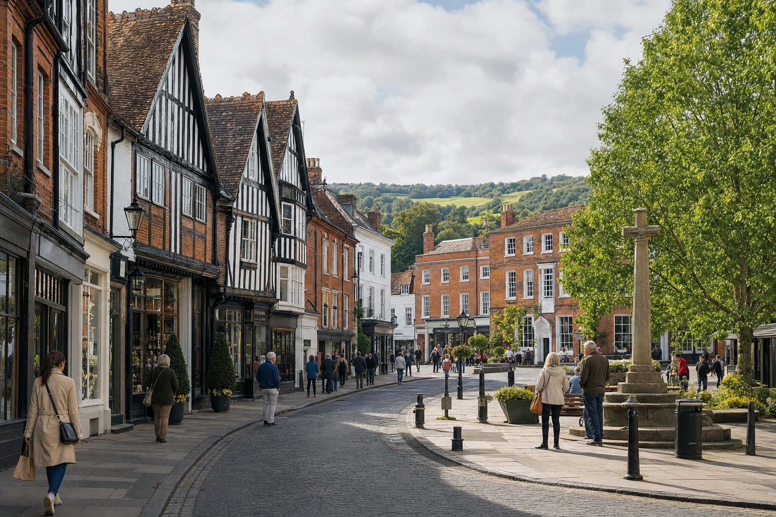 A quaint English street lined with historic buildings and a few people walking under a cloudy sky.