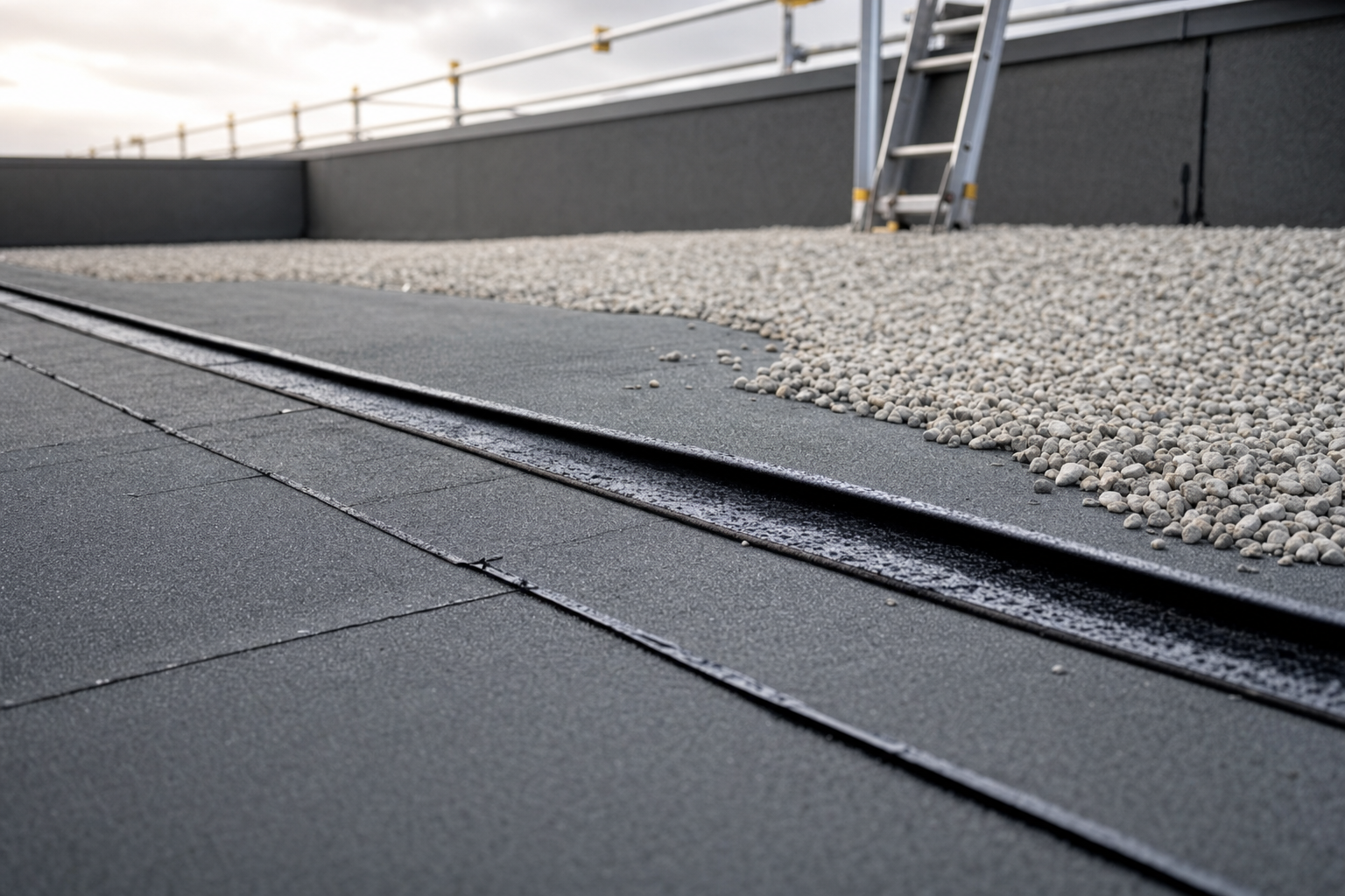A flat rooftop with a gravel section and a ladder in the background.