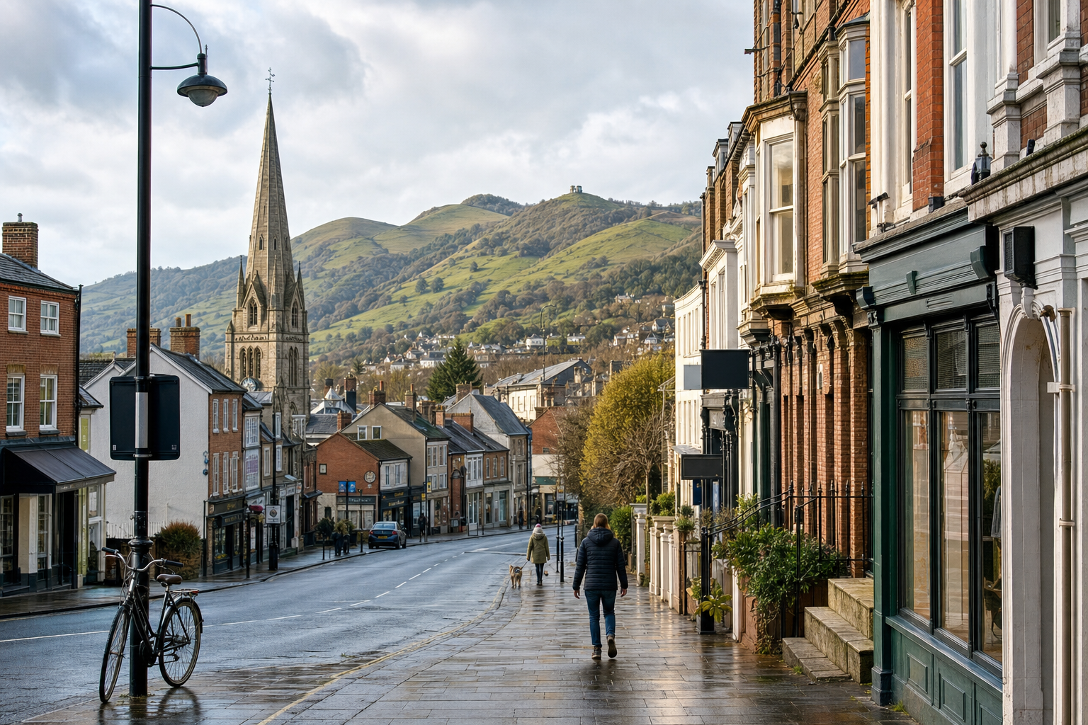 A quiet street with historic buildings and a church spire, set against a backdrop of green hills.