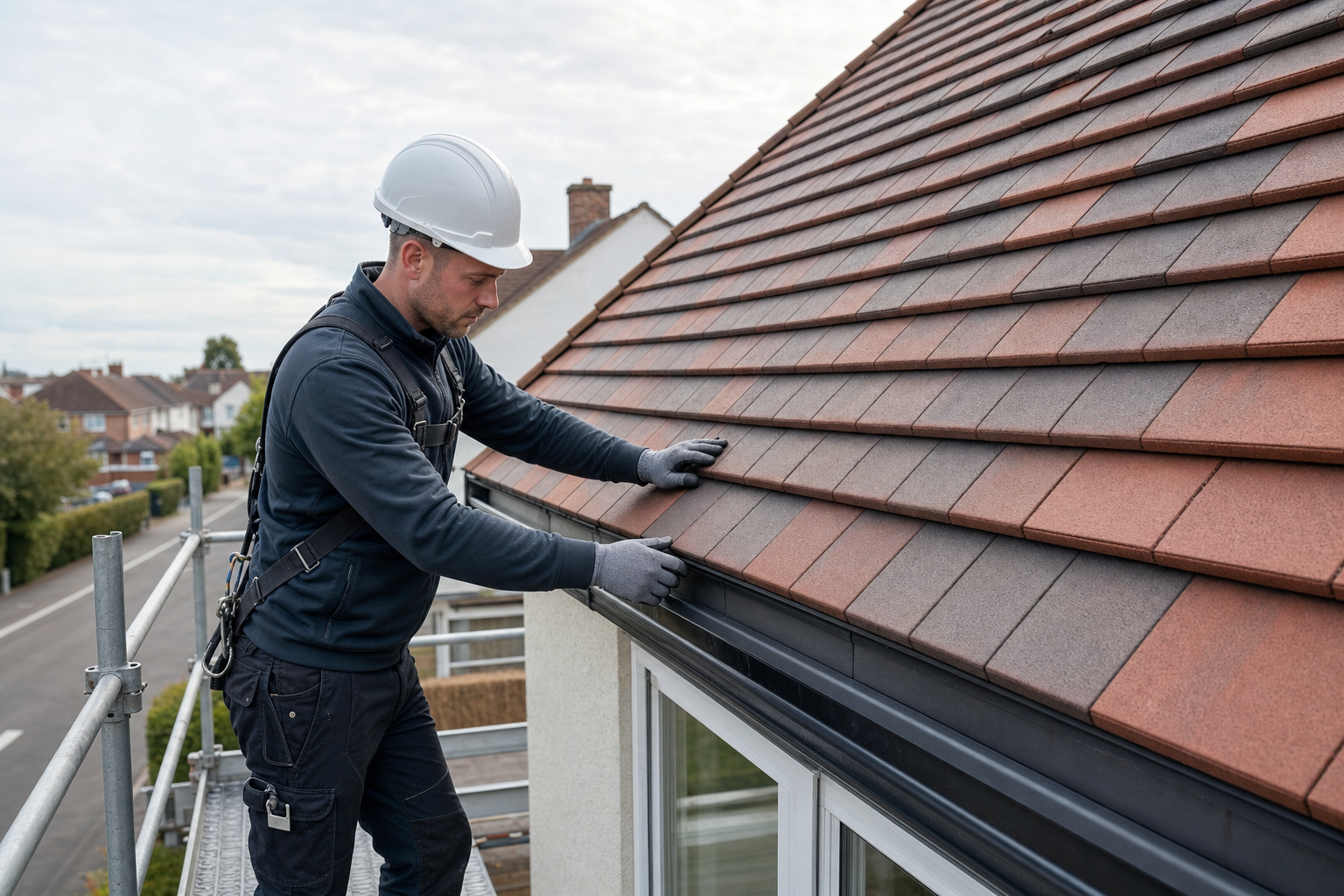 Worker in a hard hat inspecting roof tiles on a residential building from a scaffolding platform.