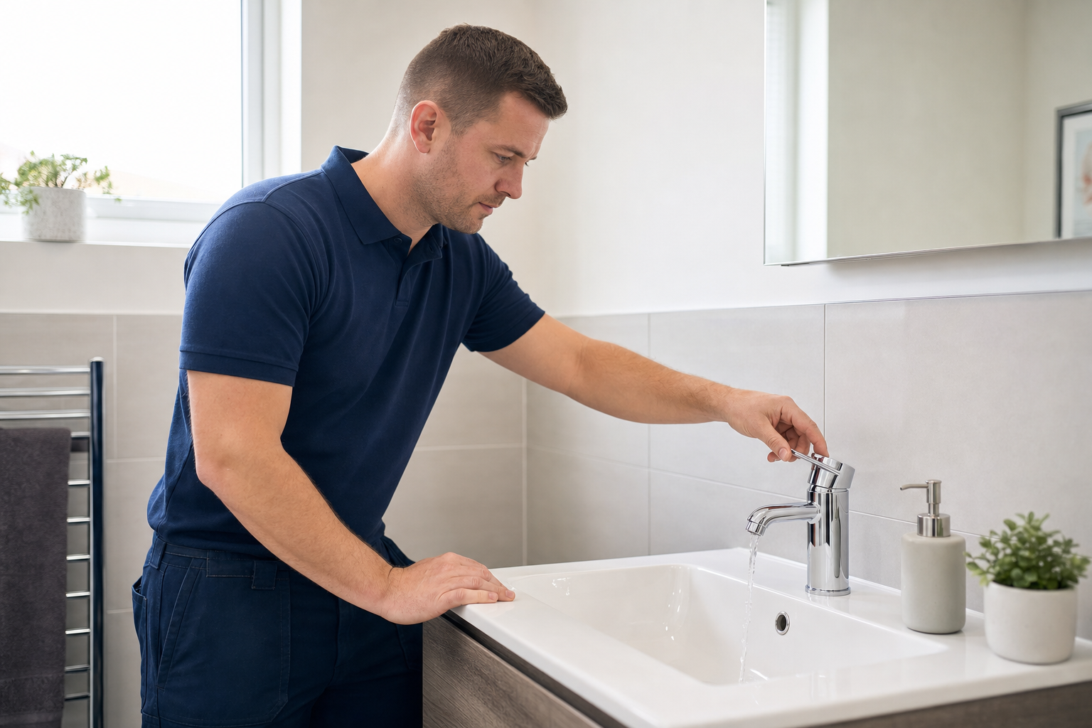 A man in a navy shirt adjusts the tap in a modern bathroom, with a plant and soap dispenser on the sink.