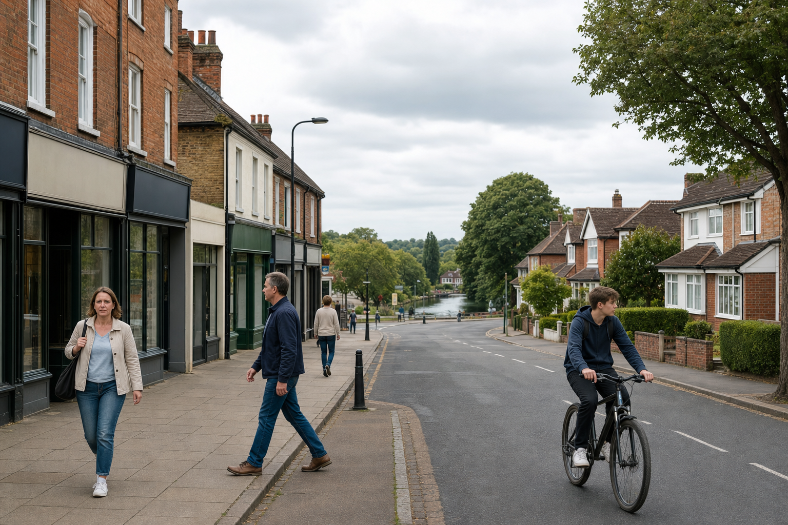 Pedestrians and a cyclist navigate a quiet street lined with shops and houses, with a river visible in the background.