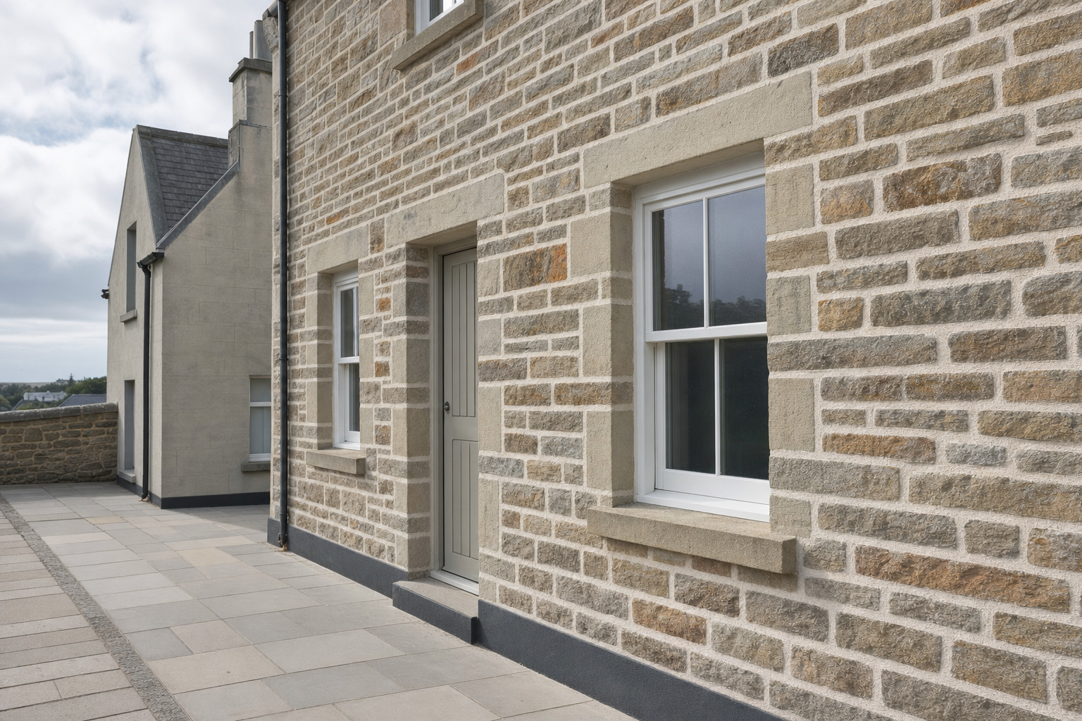 A row of stone-clad terraced houses with sash windows under a partly cloudy sky.