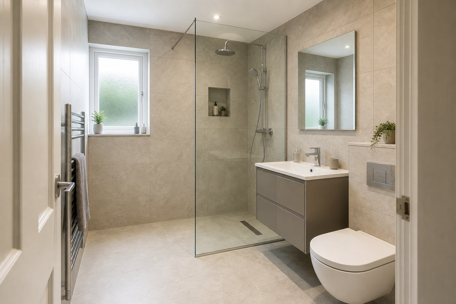 Modern bathroom with a walk-in shower, sink, under-sink cabinet, toilet, towel rail, and two small potted plants.