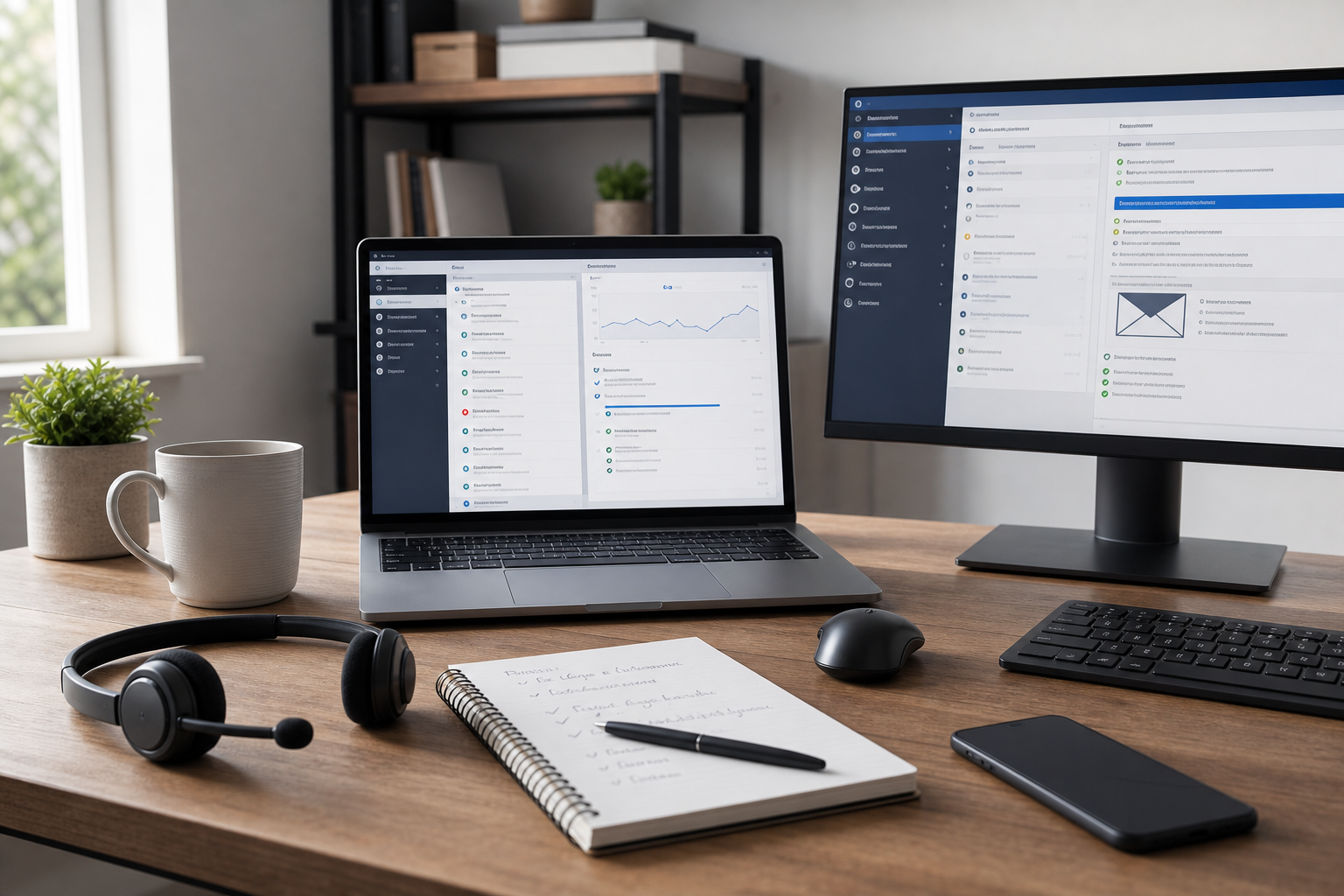 Workspace with a laptop, monitor, headset, mug, notebook, and phone on a wooden desk.