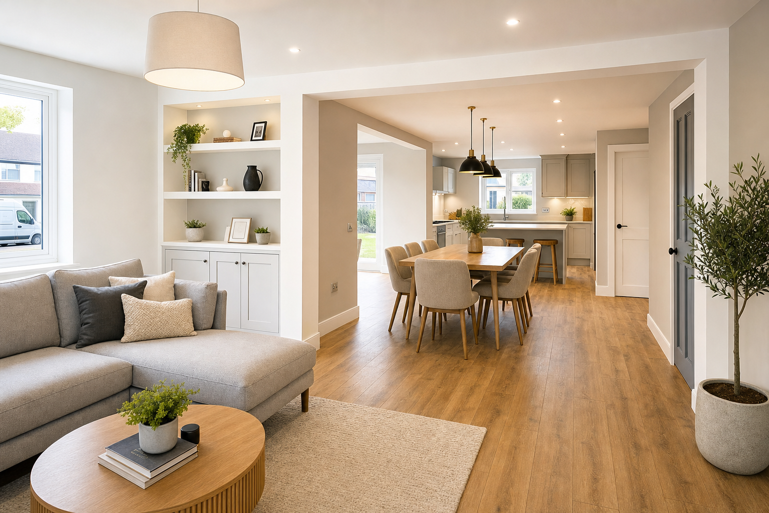 Modern open-plan living room and kitchen with neutral tones, featuring a grey sofa and wooden dining table.