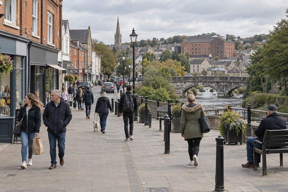 Town street with people walking by shops, a stone bridge, and a historic church in the background.