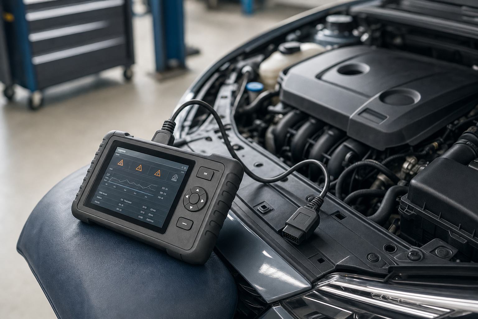 Diagnostic tool with screen connected to a car engine in a garage setting.