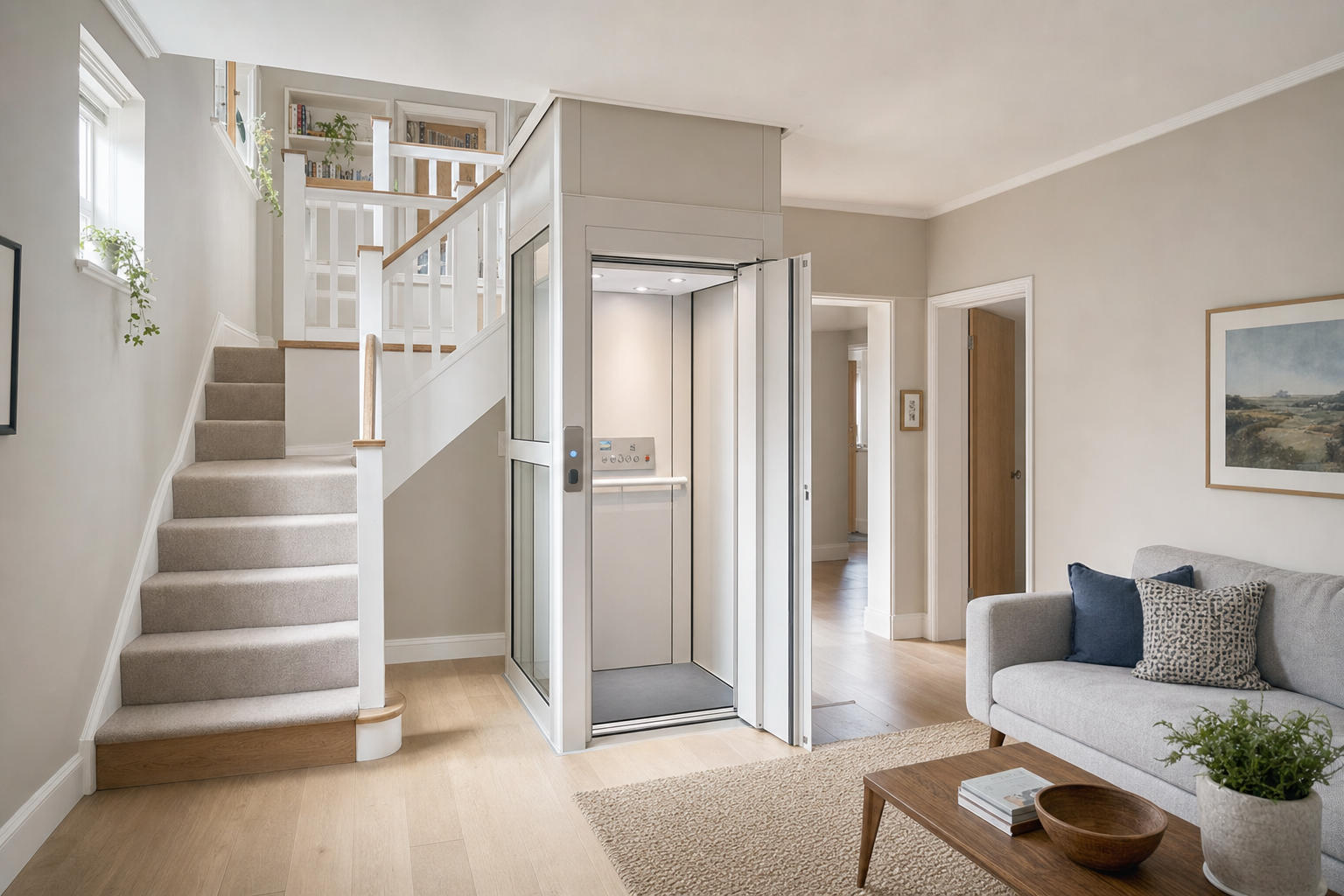 A modern home interior featuring a small residential lift next to a staircase and sitting area.