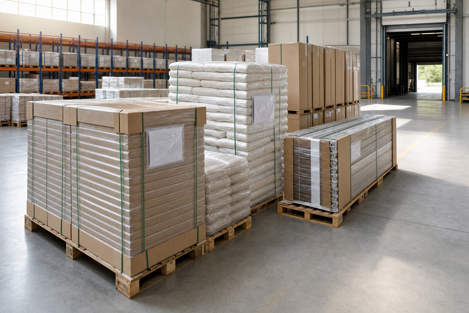 Warehouse interior with stacks of packaged goods on wooden pallets, ready for distribution.