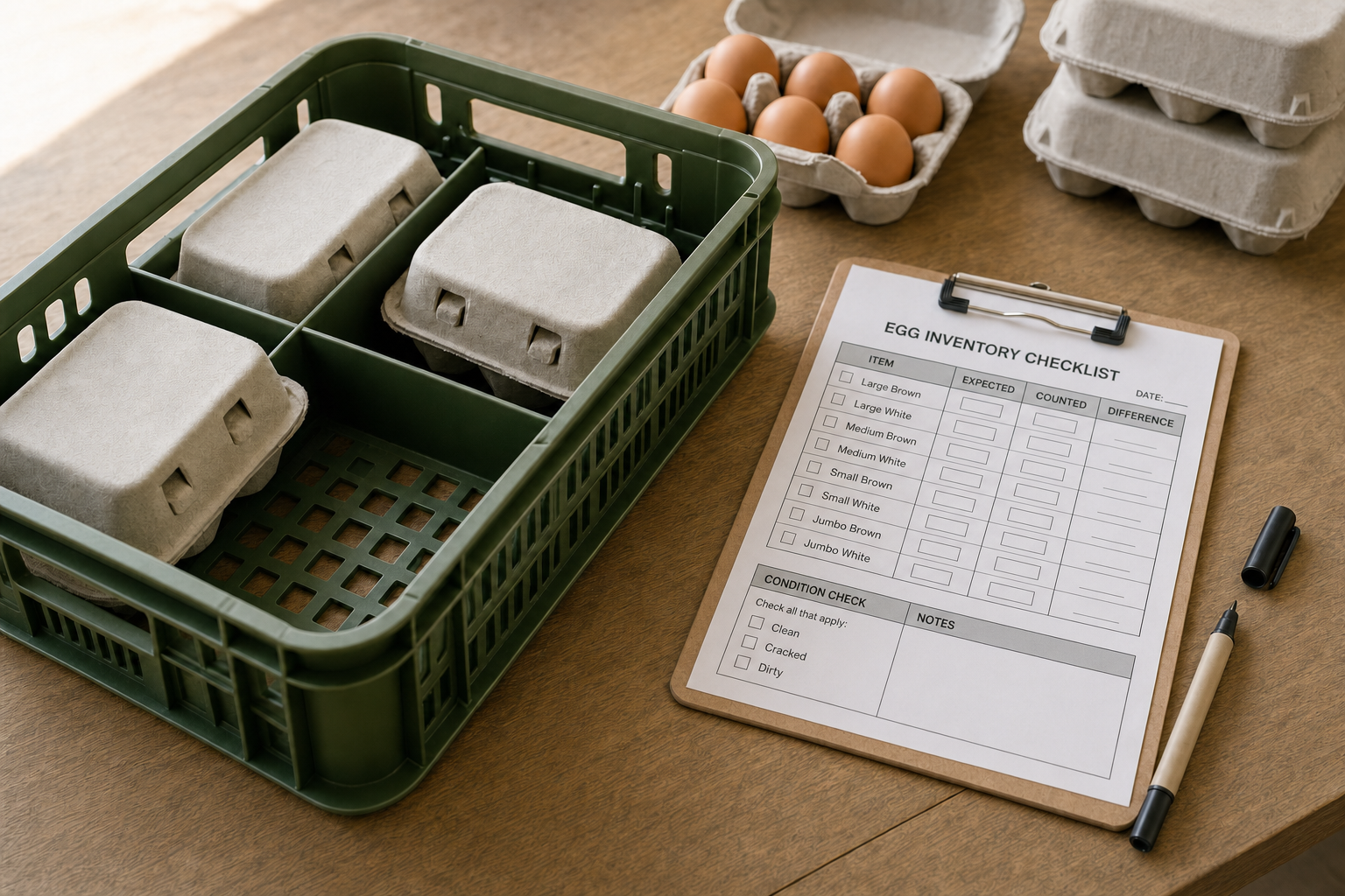 Egg cartons in a green crate next to an egg inventory checklist on a clipboard with a pen.