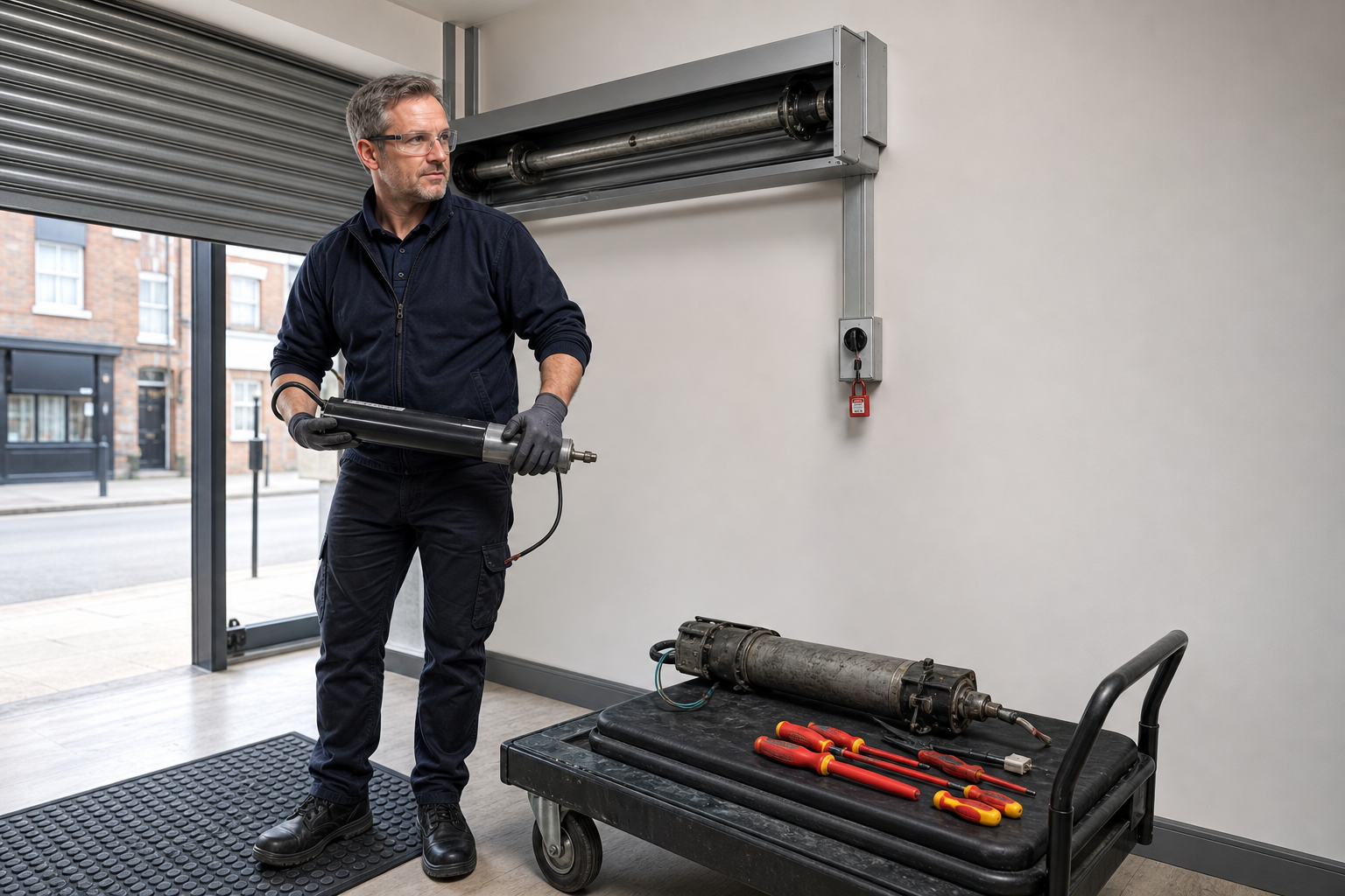 Technician holding a garage door component next to a tool cart with various tools.