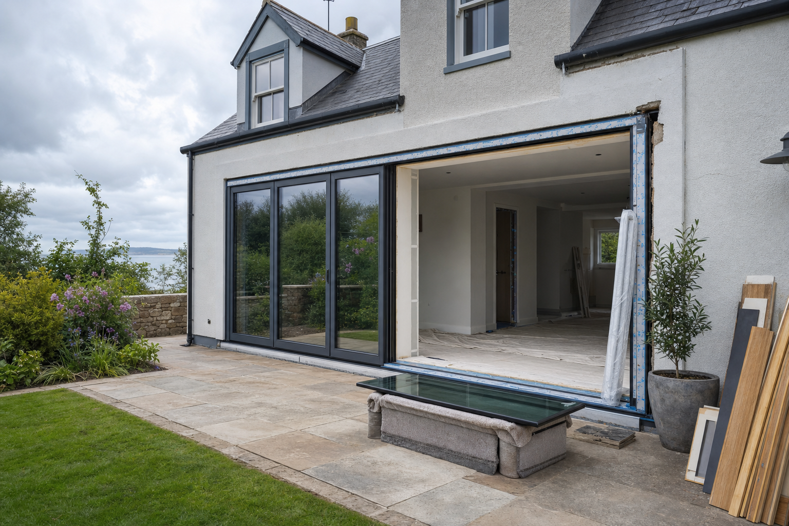 House under renovation with an exterior wall opened for new sliding glass doors, overlooking a garden and patio area.