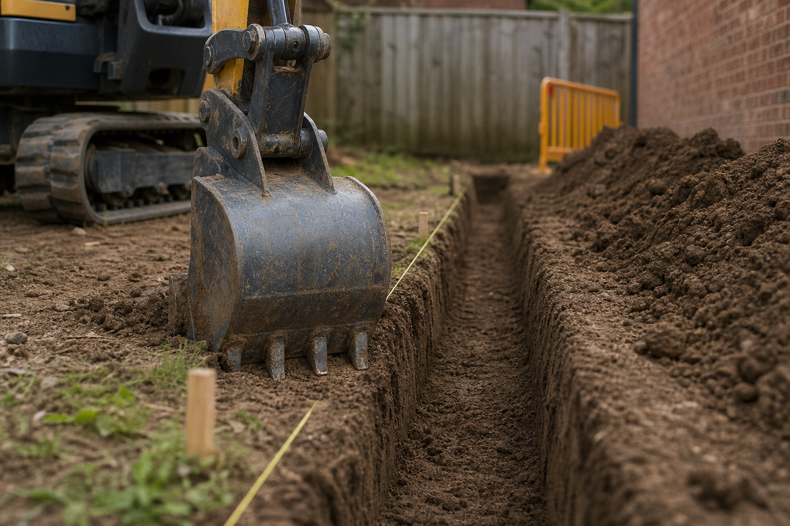 A digger is excavating a deep trench in a garden area beside a brick wall.