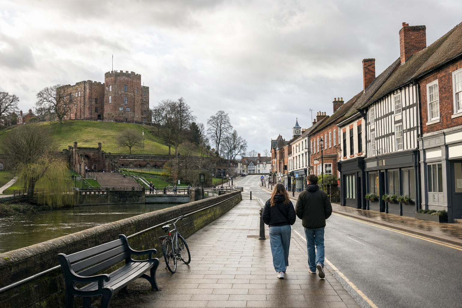 Two people walk along a riverside path towards a historic castle and quaint town buildings.