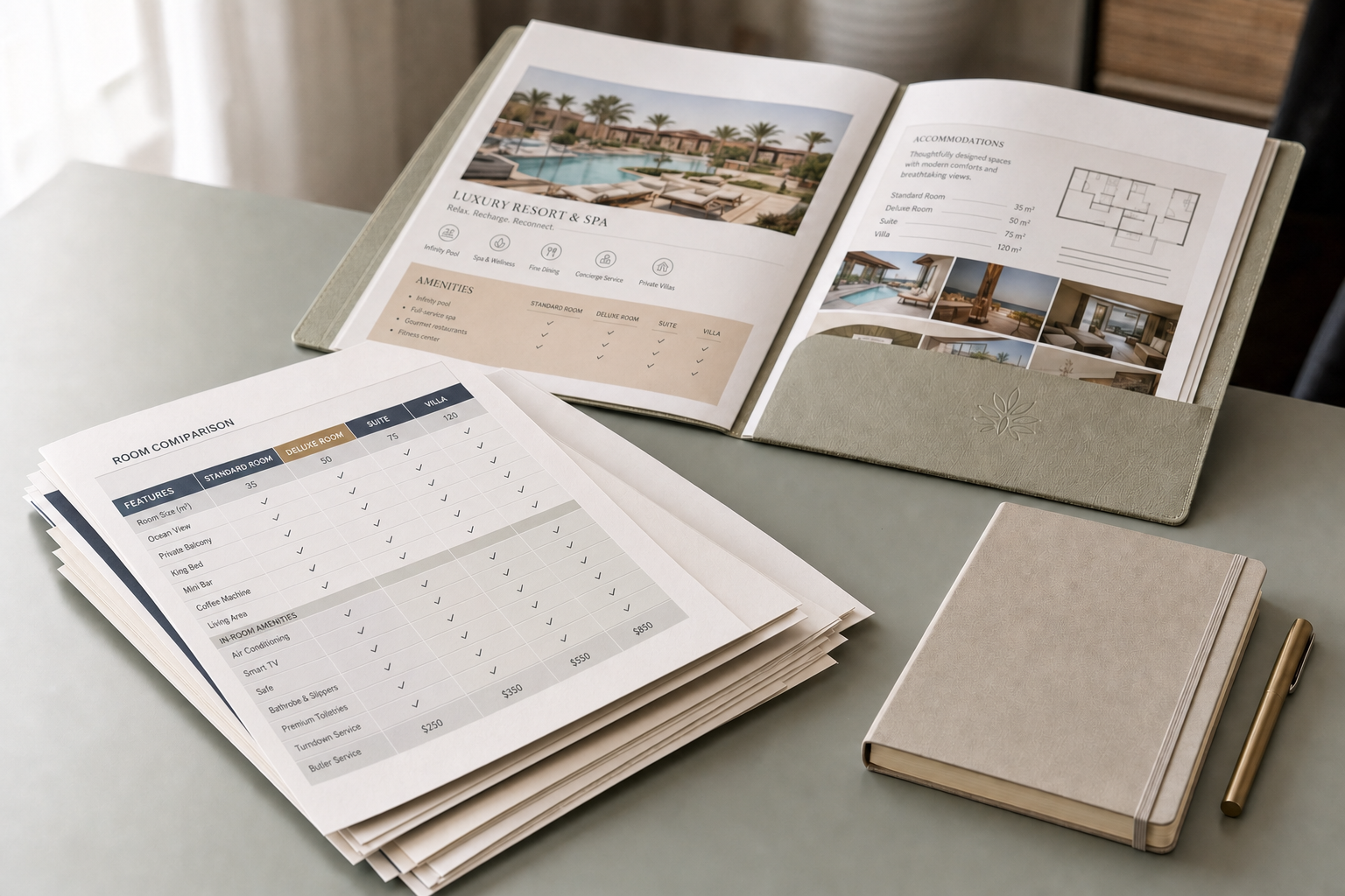 Open brochure and comparison sheets of a luxury resort and spa, alongside a notebook and pen on a table.