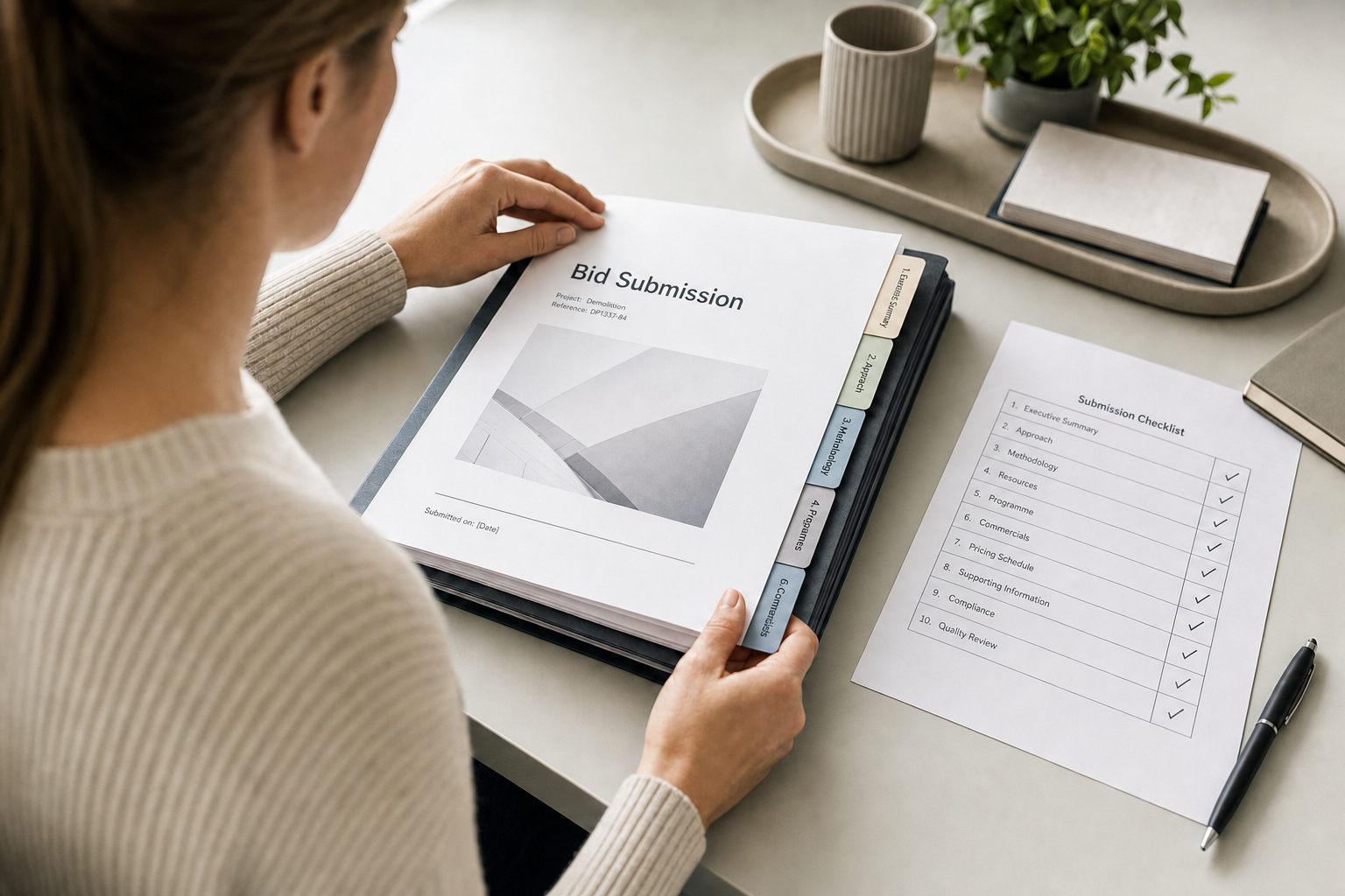 A person reviewing a bid submission folder with a checklist and a plant on the desk.
